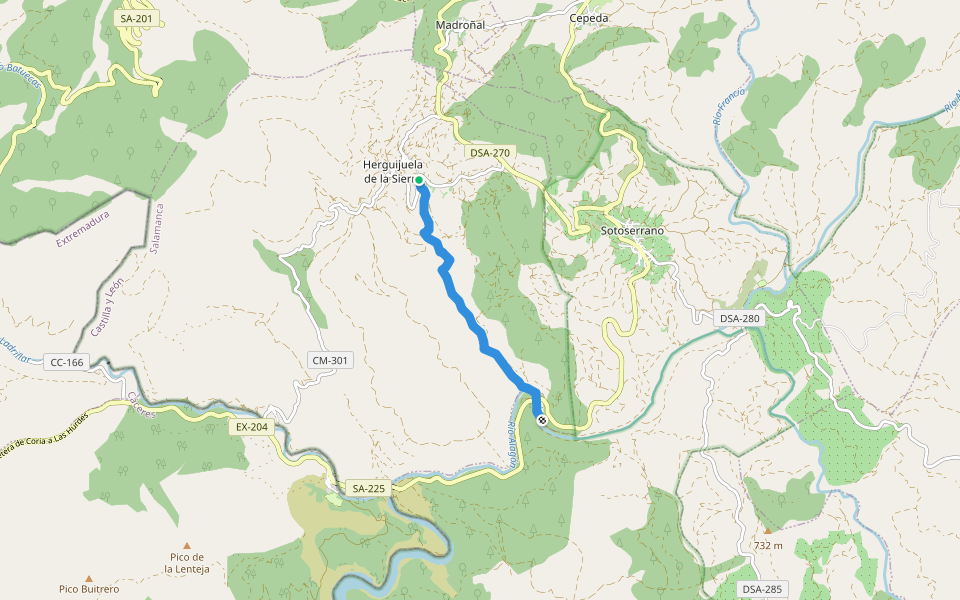 Camino del Río walking route map in Herguijuela de la Sierra