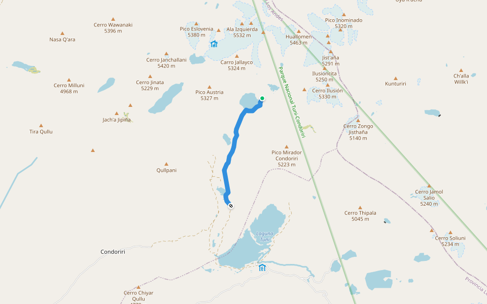 Camino Campo Base Condiriri walking route map in Campamento la Unión