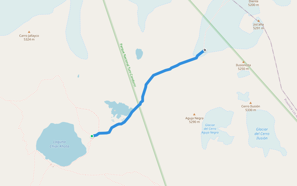 Subida Pequeño Alpamayo walking route map in Campamento la Unión