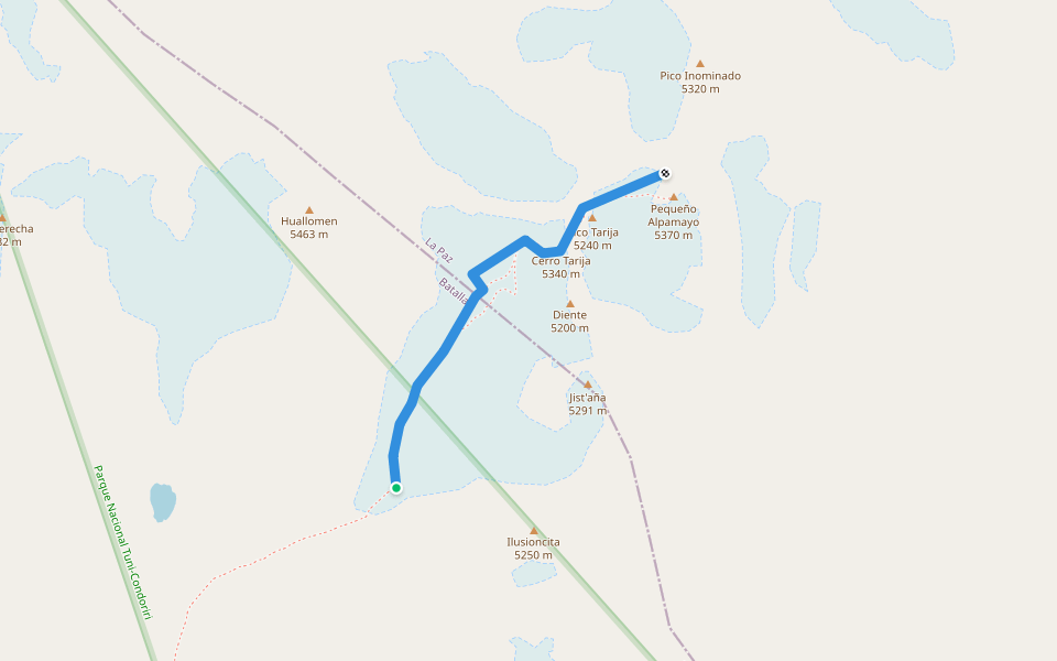 subida Pequeño Alpamayo walking route map in Jutihuaya