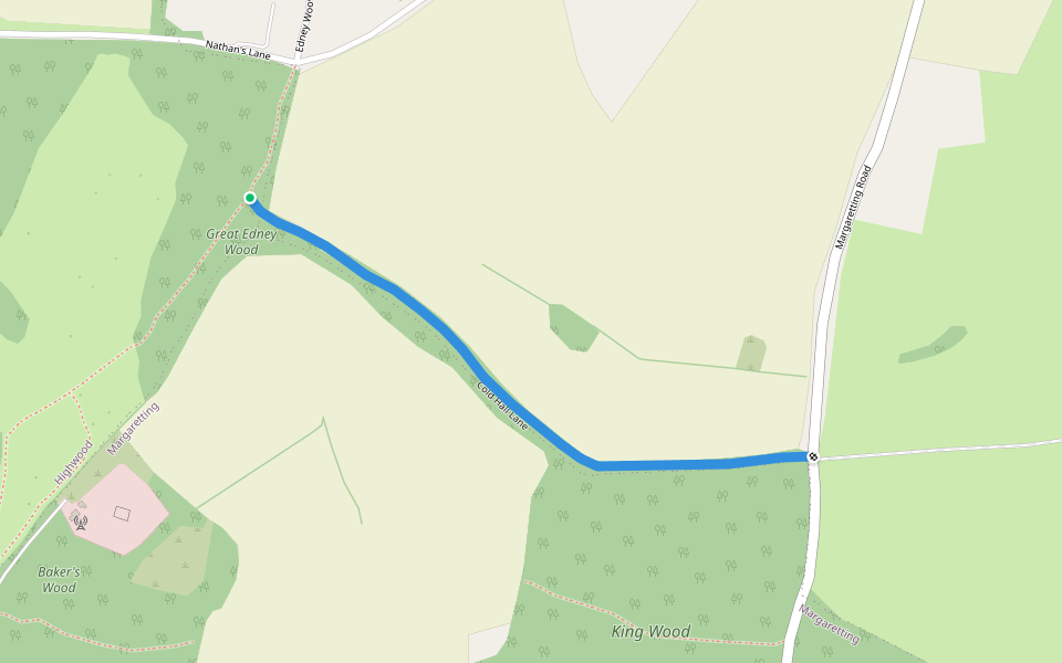 Cold Hall Lane walking route map in Writtle