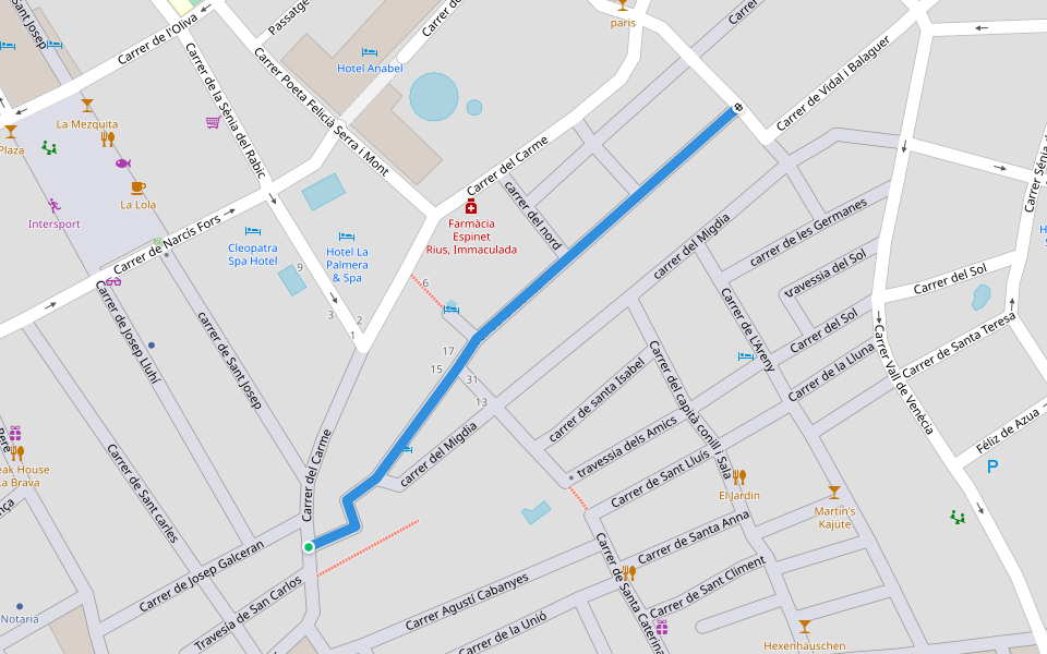 Carrer de la fàbrica walking route map in Lloret de Mar