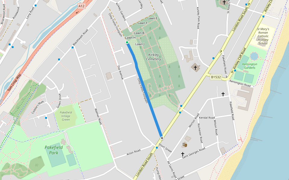 Oiley Fields Footpath walking route map in Lowestoft