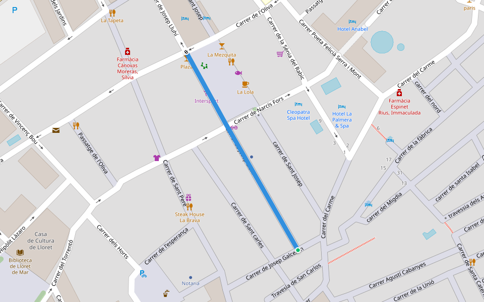 Carrer de Josep Lluhí walking route map in Lloret de Mar