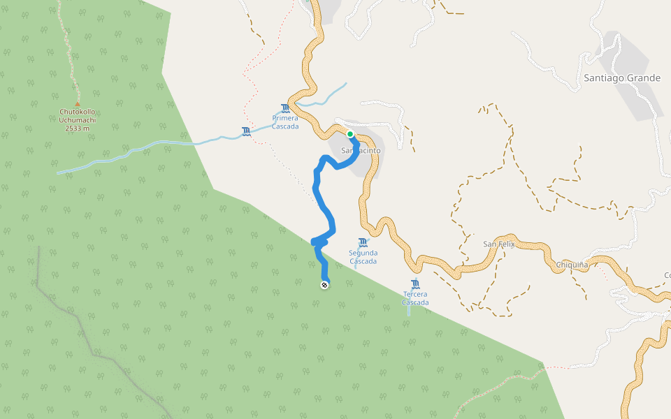 camino a Cascadas walking route map in Coroico