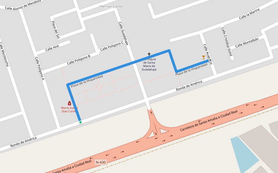 Plaza de la Hispanidad walking route map in Hernán Cortes