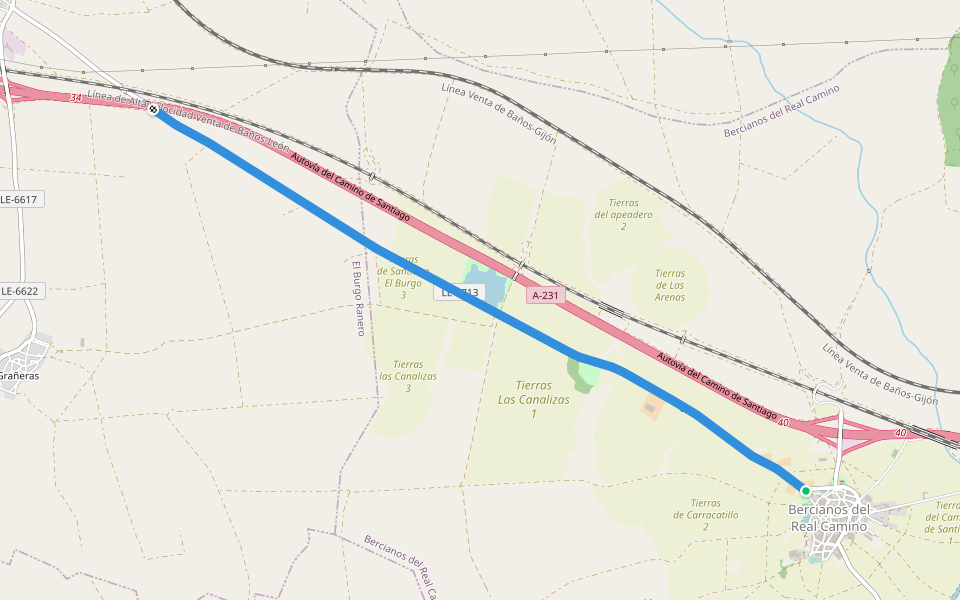 Camino de Santiago walking route map in Bercianos del Real Camino