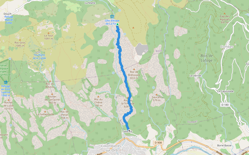 Piste de la Buffe walking route map in Rosis
