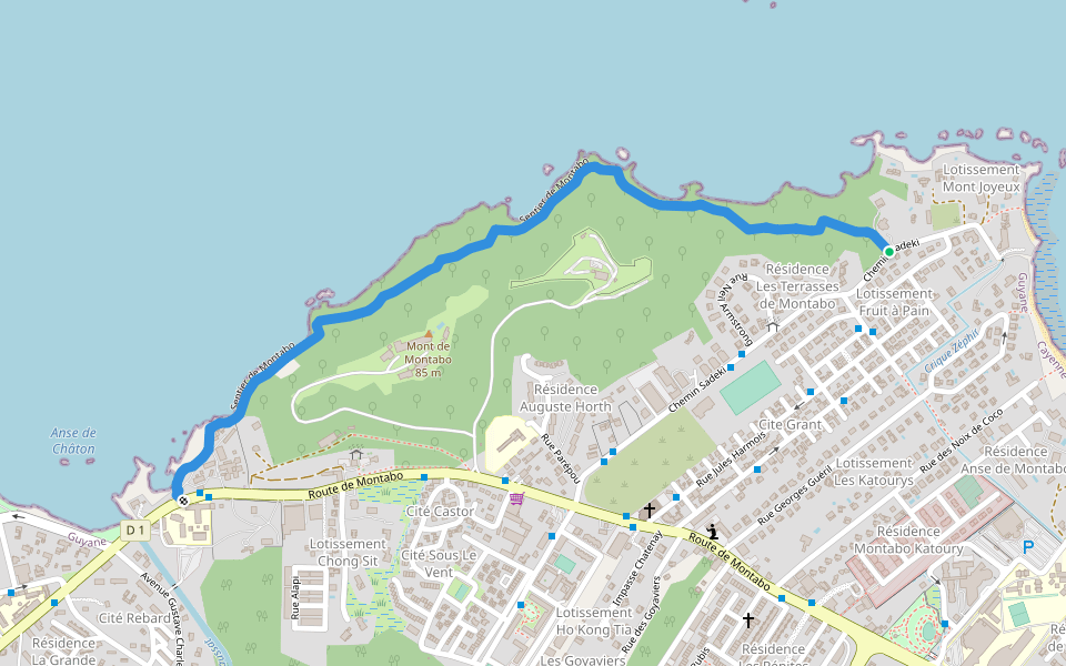 Sentier de Montabo walking route map in Cayenne