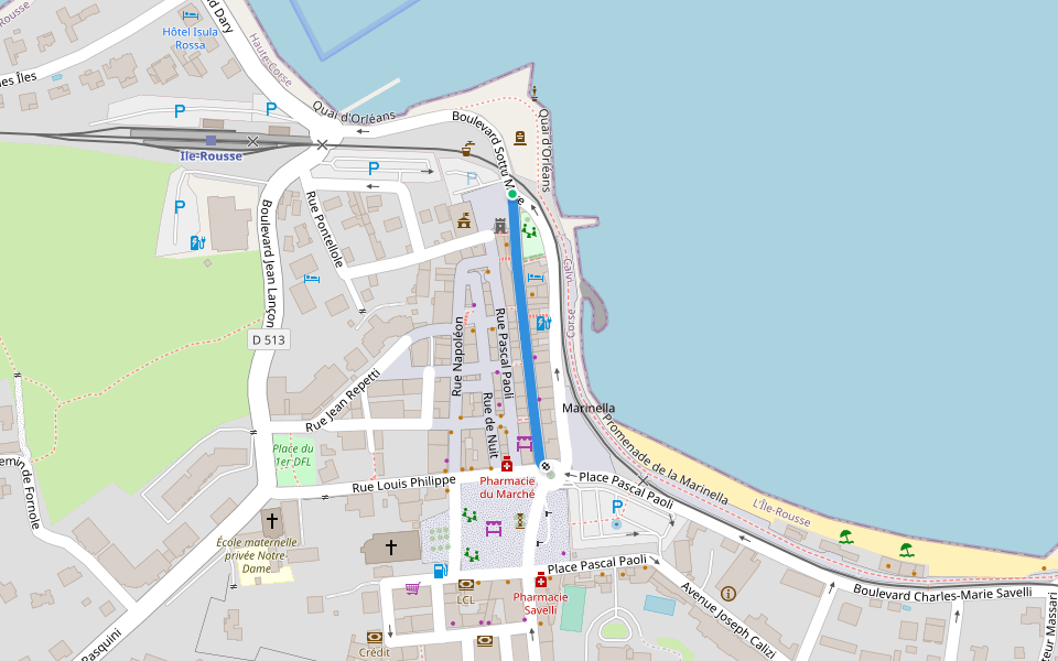 Rue Notre-Dame walking route map in L'Île-Rousse