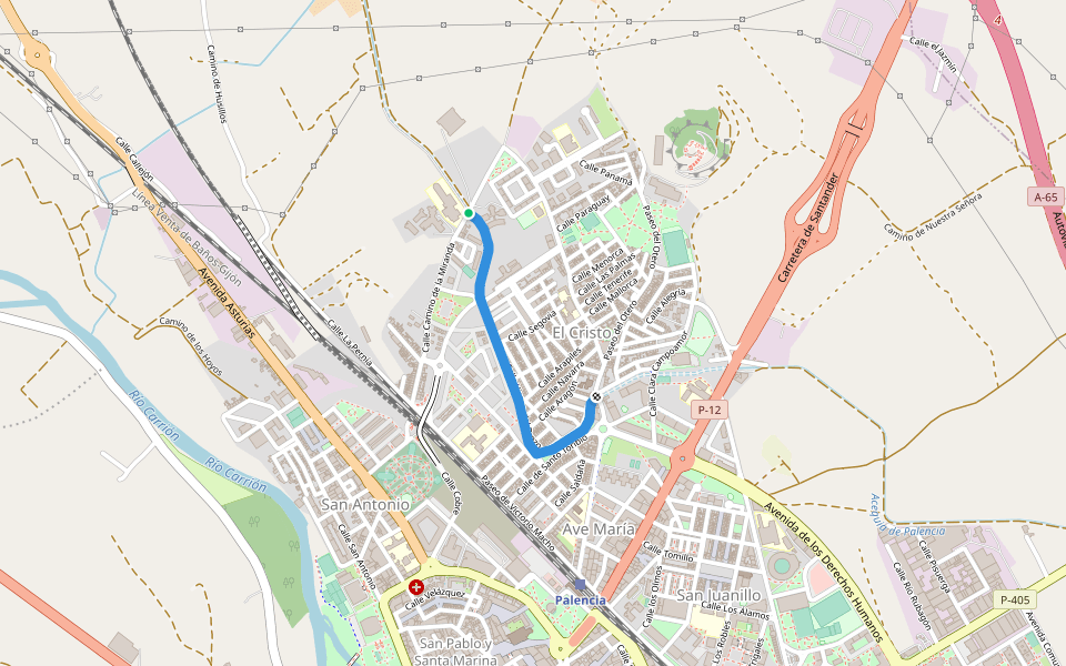 Paseo de la Acequia walking route map in Palencia
