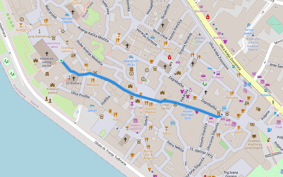 Ulica kralja Tomislava walking route map in Šibenik