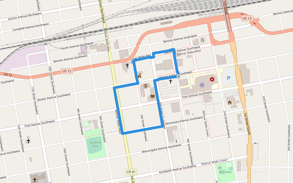Willmar Walks Red walking route map in Willmar