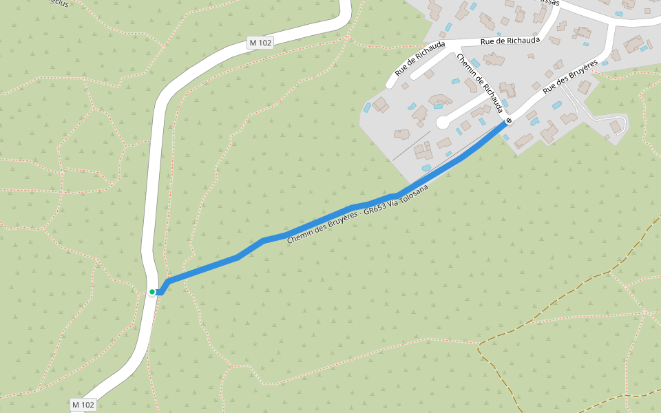 Chemin des Bruyères - GR653 Via Tolosana walking route map in Grabels