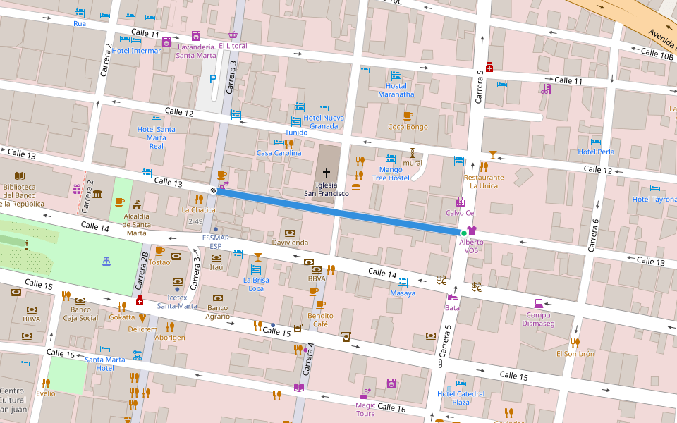 Calle 13 walking route map in Santa Marta