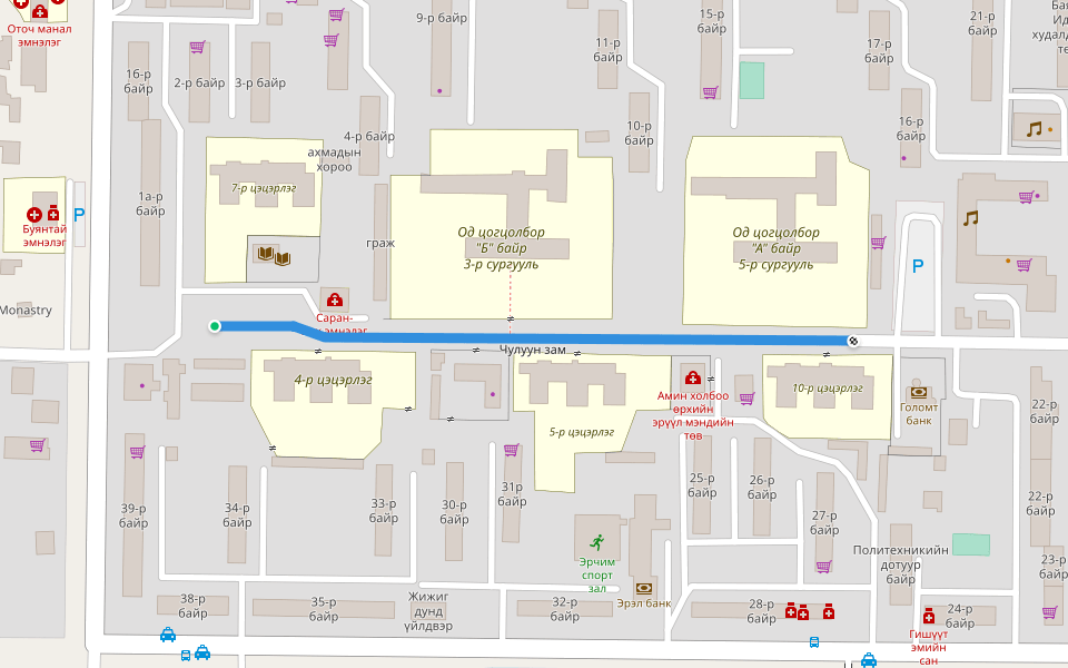 Чулуун зам walking route map in Darkhan