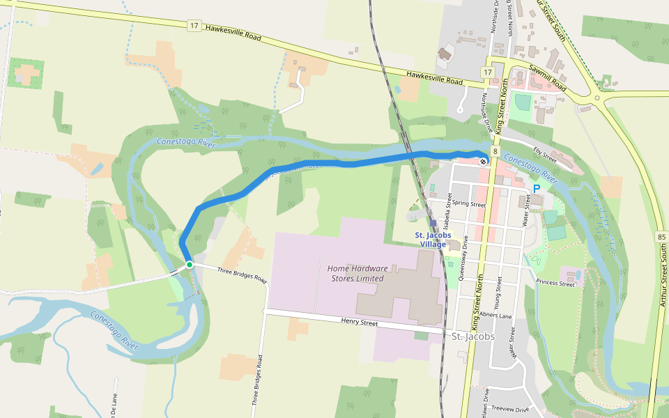 Mill Race Trail & TCTrail walking route map in St. Jacobs