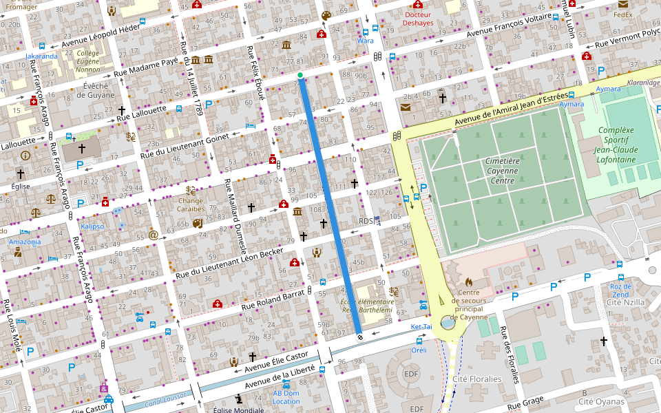 Canal de l'Est walking route map in Cayenne