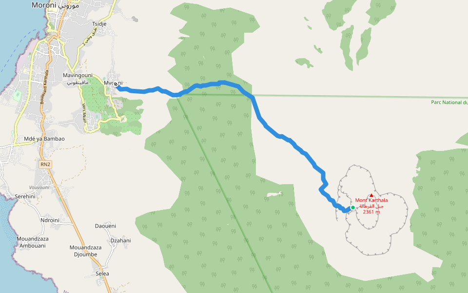 Montée du Karthala الطريق الجبلية قرطالة walking route map in Convalescence