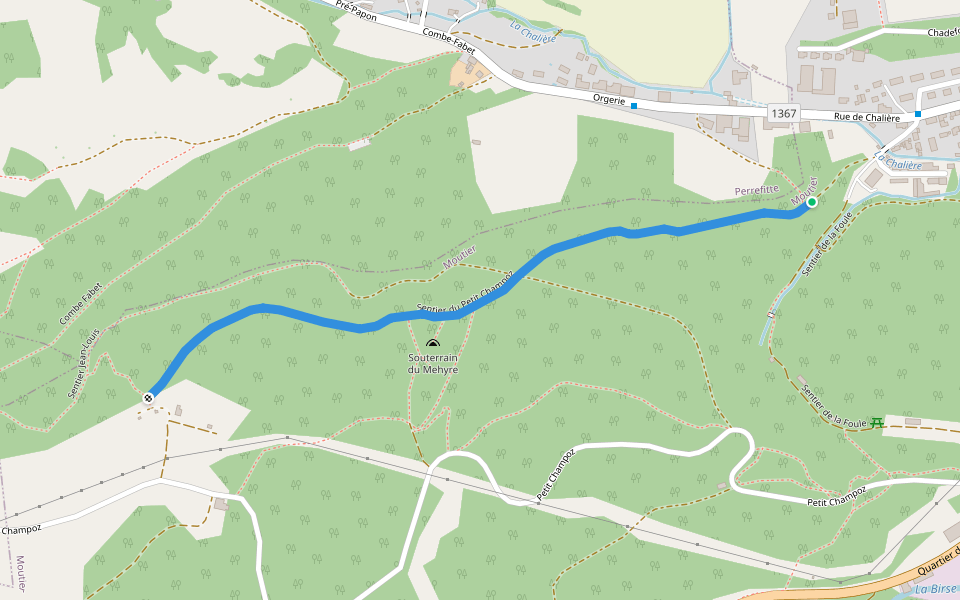 Sentier du Petit Champoz walking route map in Moutier