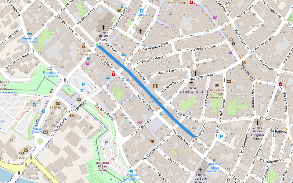 Via delle Volte walking route map in Ferrara