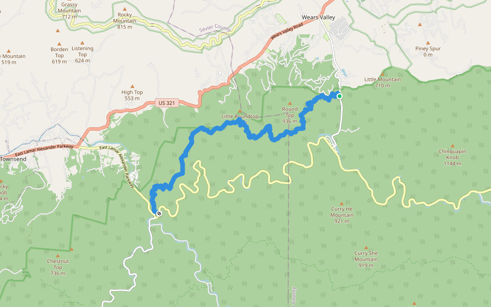 Roundtop Trail walking route map in Sevierville