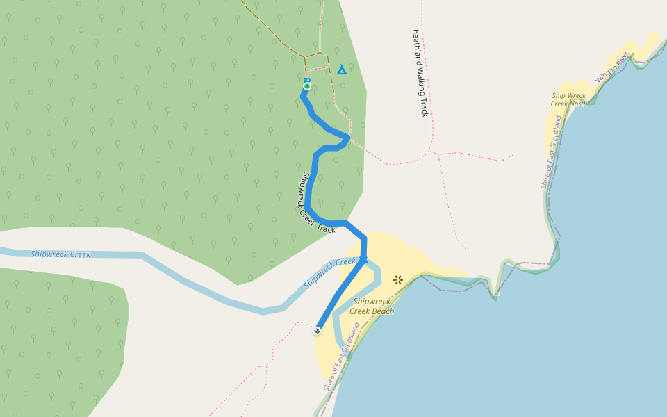 Shipwreck Creek Track walking route map in Wingan River