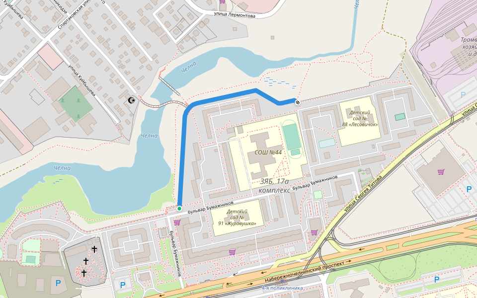 Набережная Саначина walking route map in Naberezhnye Chelny