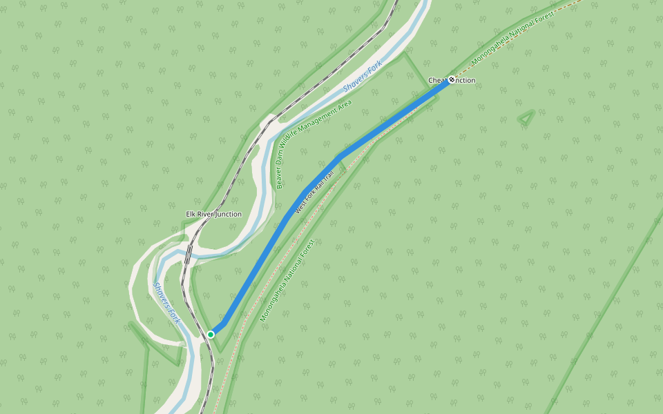 West Fork Rail Trail walking route map in Valley Bend