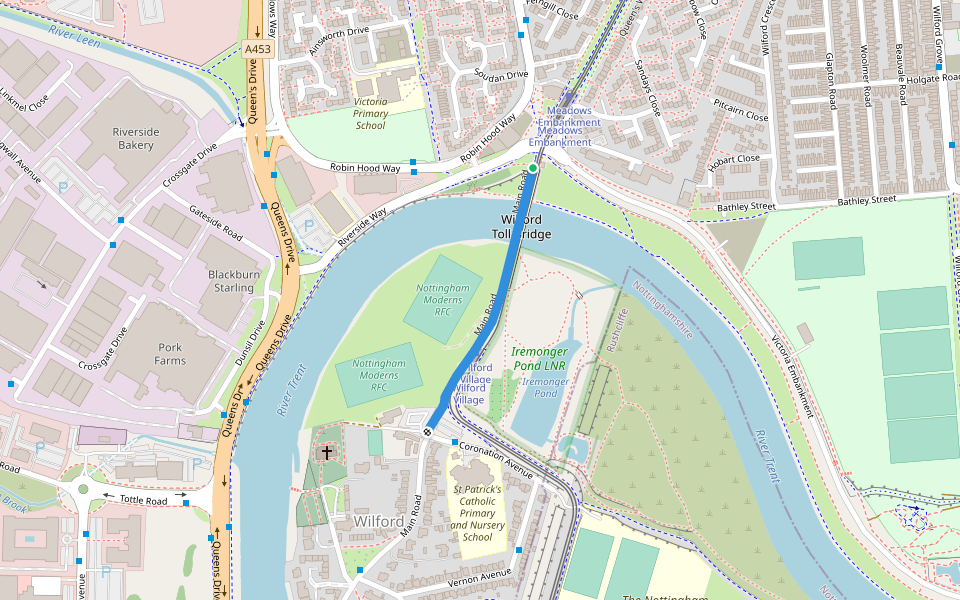 Main Road walking route map in Wilford Bridge