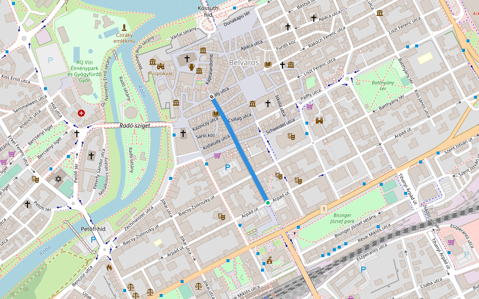 Baross Gábor út walking route map in Győr