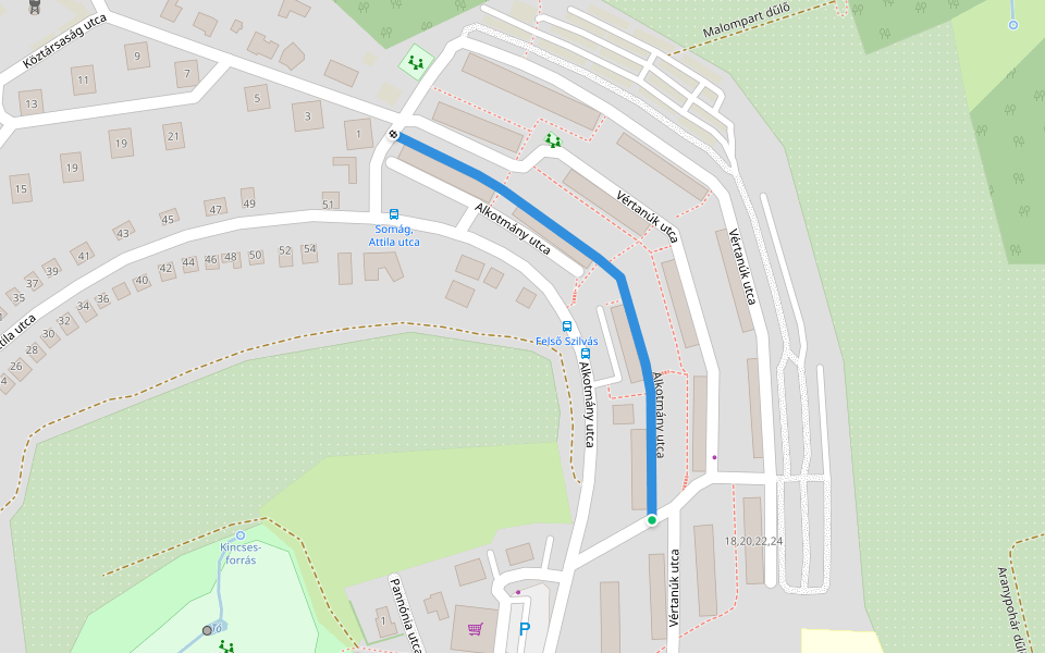 Alkotmány utca walking route map in Komló