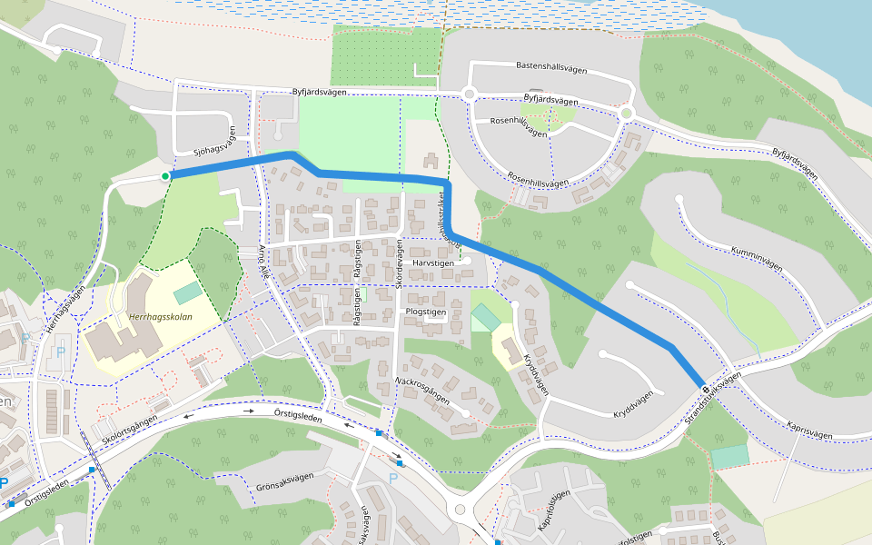 Rosenhillsstråket walking route map in Nyköping