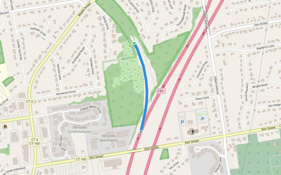Abandoned/Unused I-291 to I-91 South Ramp walking route map in Rocky Hill