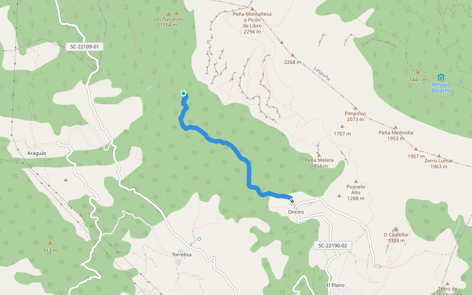 Maxi V1 walking route map in El Pueyo de Araguás