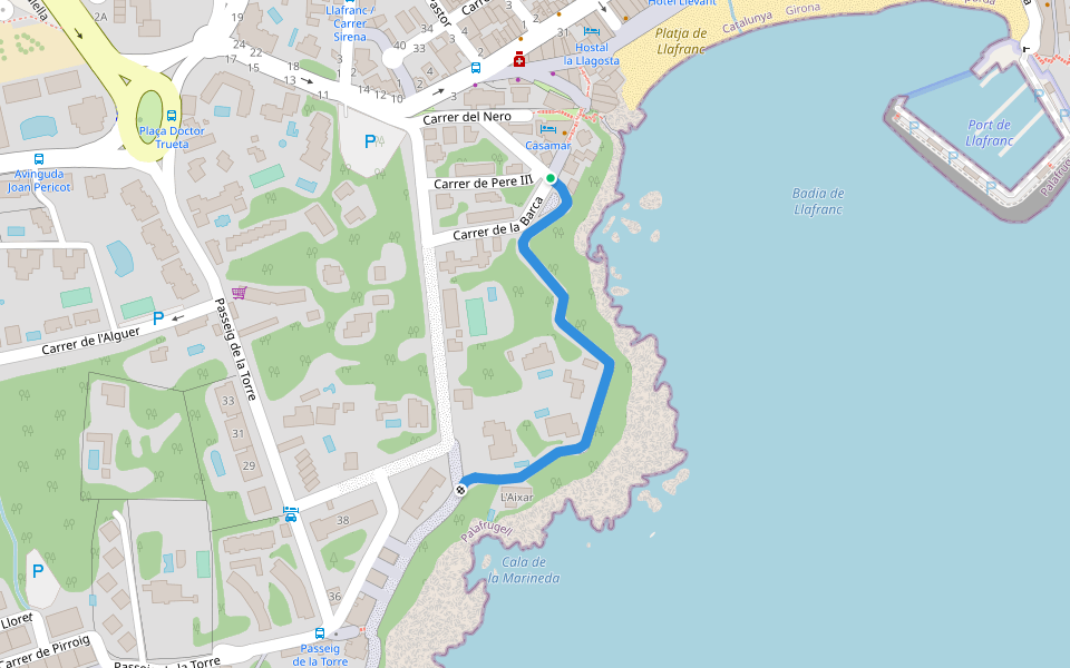 Passeig de Xavier Miserachs walking route map in Llafranc
