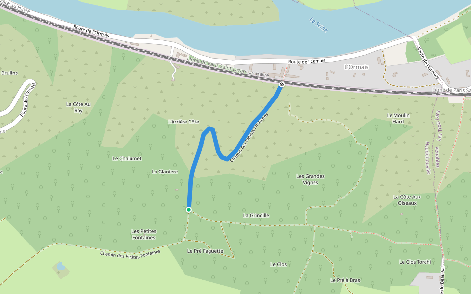 Chemin des Petites Fontaines walking route map in Heudebouville