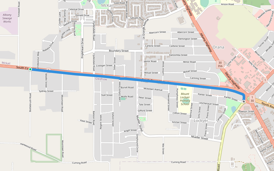 South Cost Highway Shared Path walking route map in Gledhow