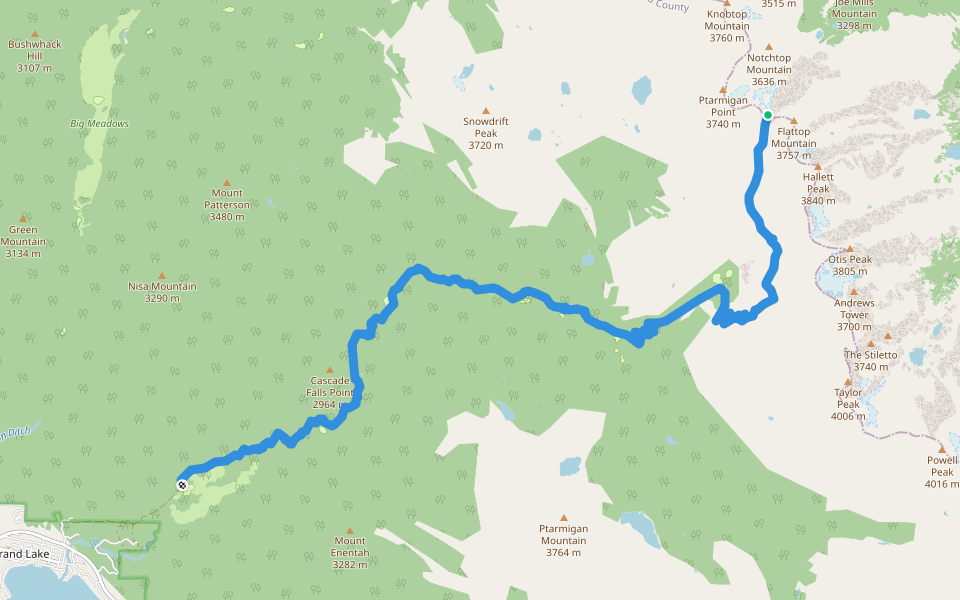 North Inlet-Flattop Junction walking route map in Estes Park
