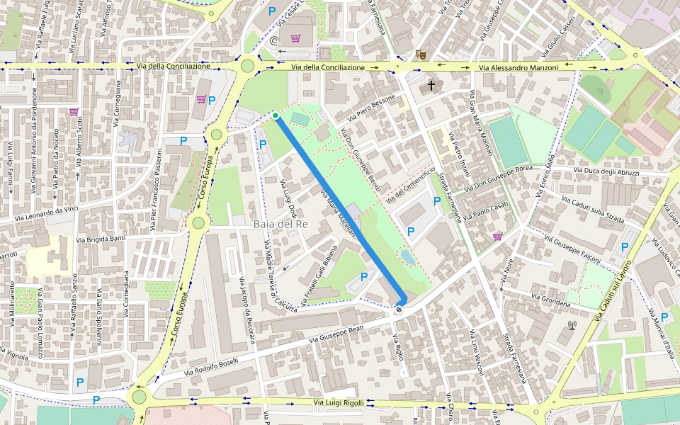 Via Maria Macellari walking route map in Piacenza