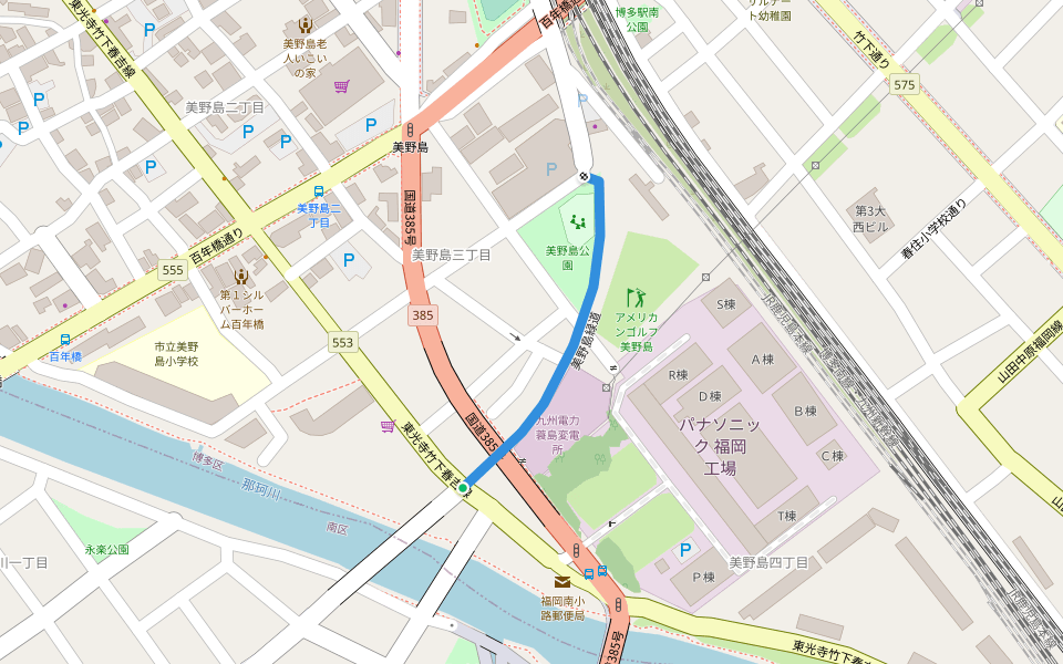 美野島緑道 walking route map in Fukuoka