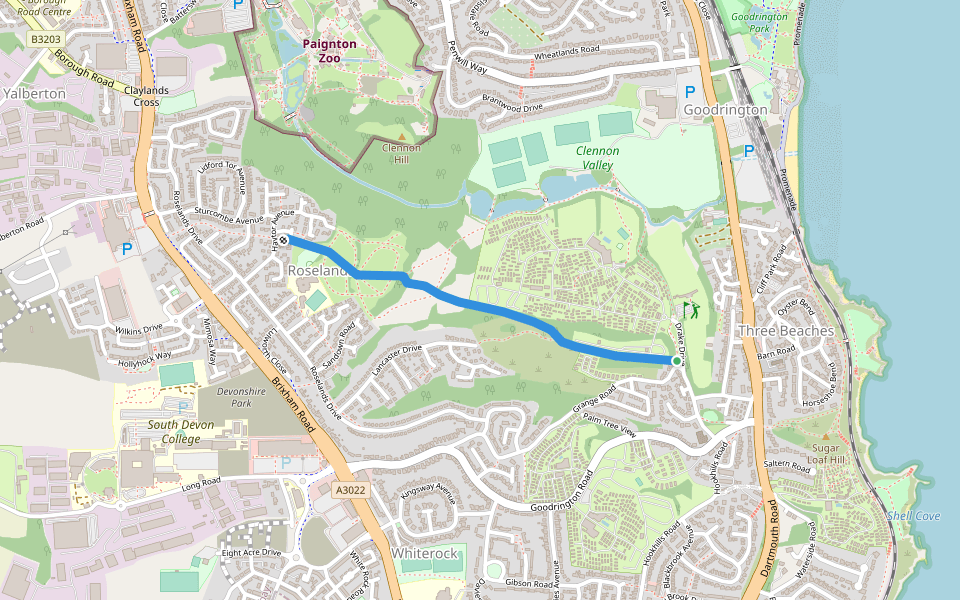 Roselands Road walking route map in Paignton