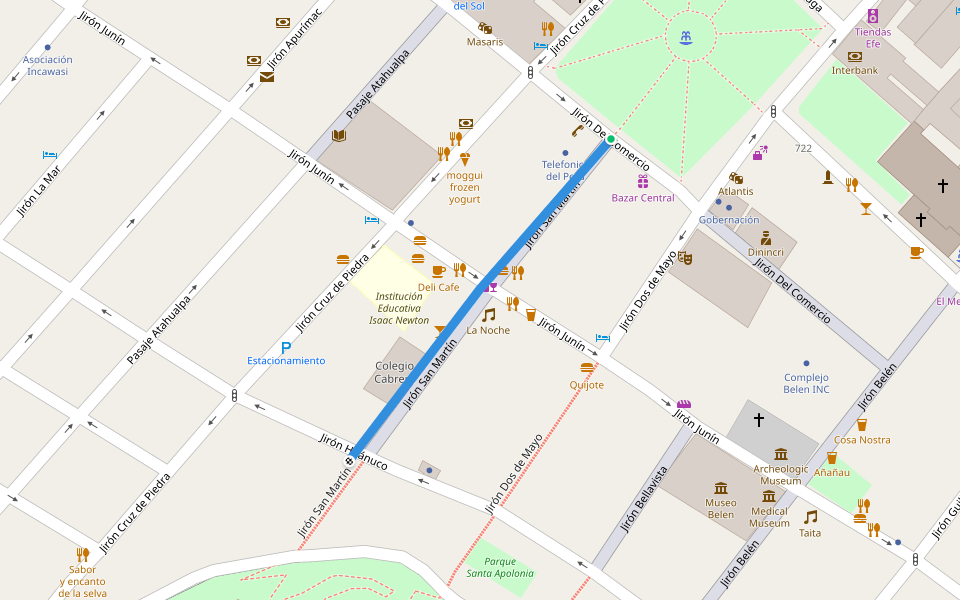 Jirón San Martín walking route map in Cajamarca