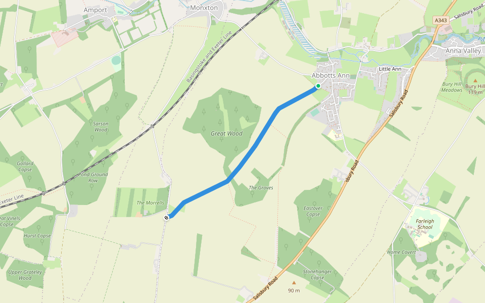 Dunkirt Lane walking route map in Abbotts Ann