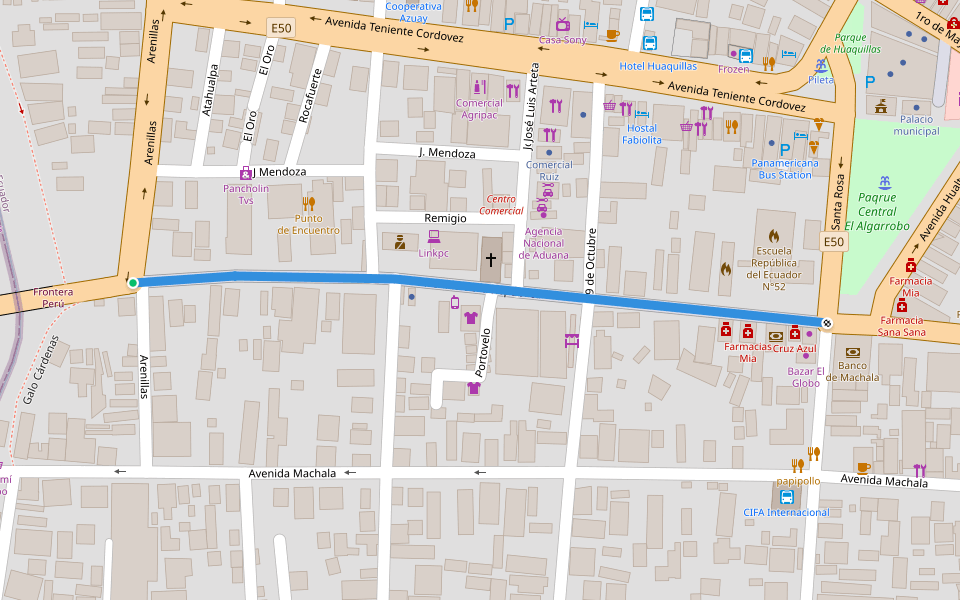 Avenida de la República walking route map in Zarumilla