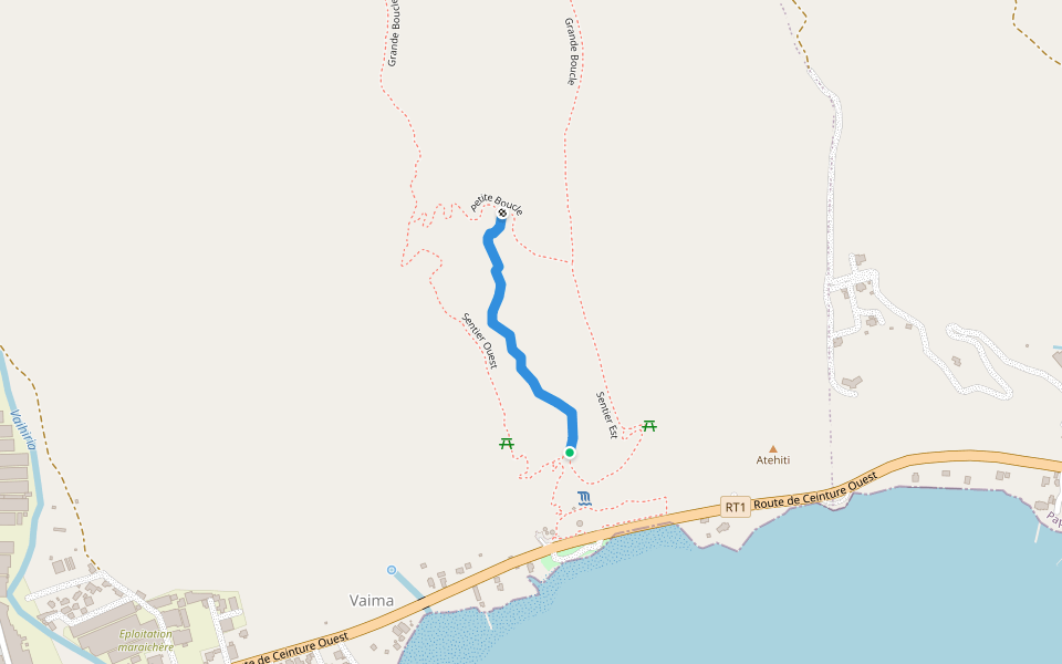 Sentier de la Rivière walking route map in Teva I Uta