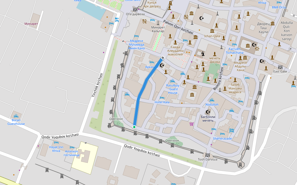 Palvon Mahmud ko'chasi walking route map in Xiva