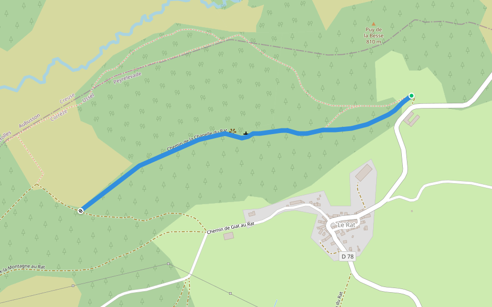 Chemin de la Chapelle du Rat walking route map in Peyrelevade