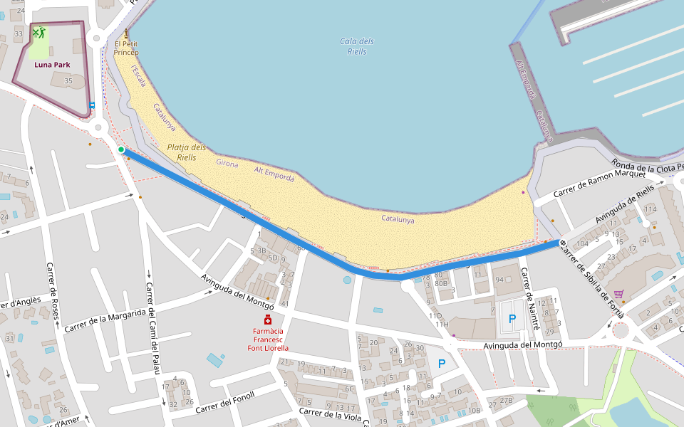 Avinguda de Riells walking route map in L'Escala