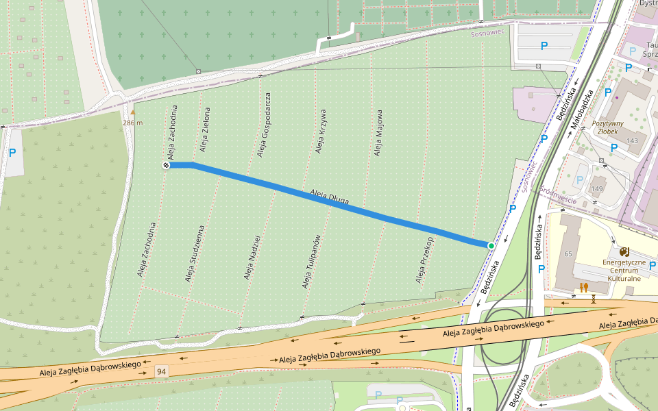 Aleja Długa walking route map in Sosnowiec